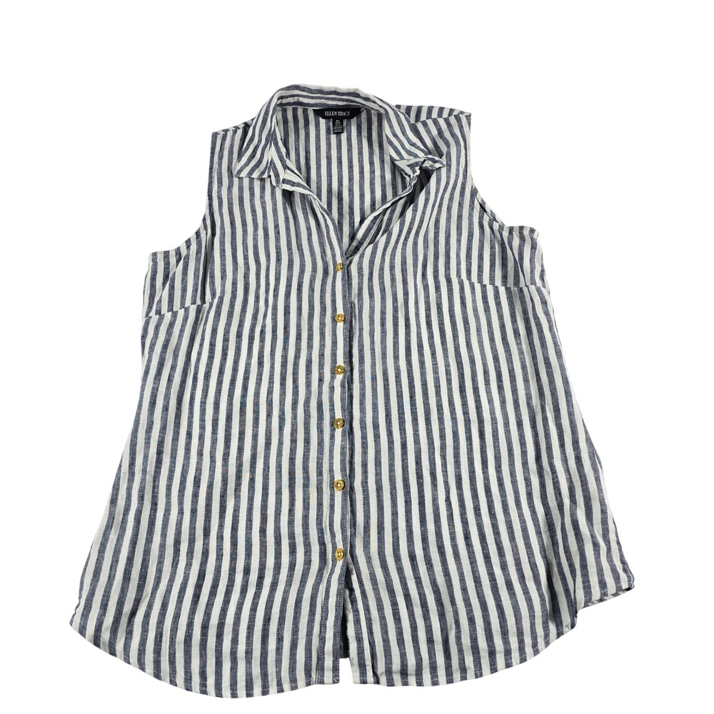 Ellen Tracy Womens Blue White Striped 100% Linen Sleeveless Button Down Top L